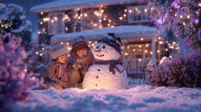 Children Building Snowman in Snowy Winter Yard with Christmas Lights and Purple Bushes