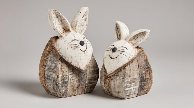 Two ceramic Easter bunny figurines side by side, larger left smaller right, brown wood-like texture, white inner ears, black oval nose and dot eyes with black smile, egg shaped, white background.