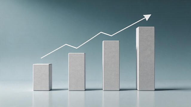 Abstract 3D bar chart with rising arrow indicating growth trend, financial success and business development concept for economic analysis and investment strategy visualization in