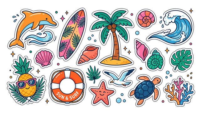 Cheerful cartoon summer beach vacation tropical marine life and ocean travel stickers set