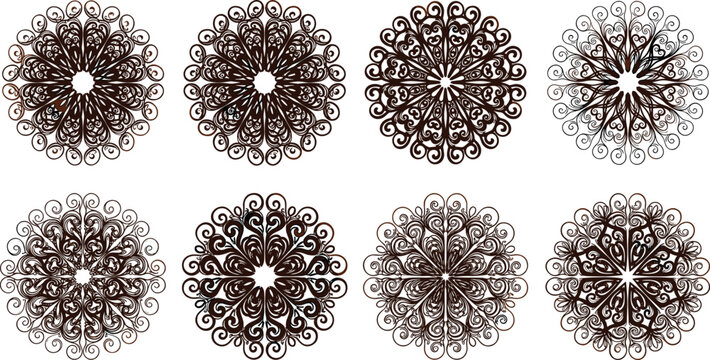 Vintage Baroque Ornamental Mandala Rosette Set with Intricate Swirls, Filigree, and Circular Floral Patterns for Elegant Decorative Designs