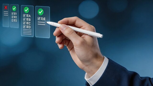 Hand holding white stylus checking items on virtual transparent checklist, green checkmarks indicating completed tasks, red cross for failed item, productivity and project