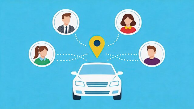 Illustration of car sharing service connecting drivers and passengers, location pin map icon, mobile app transportation network, people profiles connected by dotted lines, urban