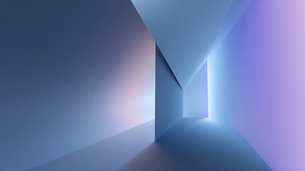 Obraz premium Abstract architectural 3D background featuring minimalist blue geometric walls, soft pastel light gradients, and clean space