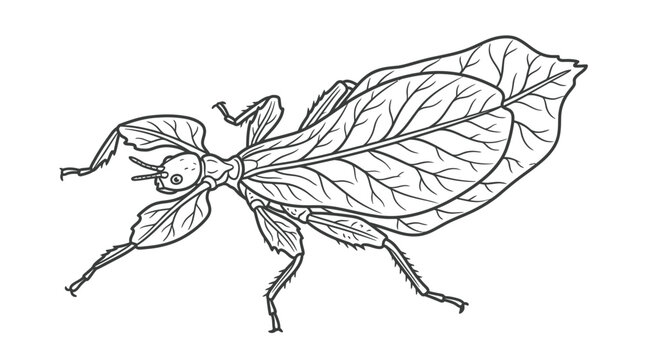 Detailed leaf insect profile line art illustration.