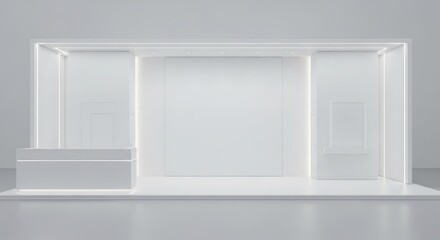 Fototapeta premium Minimalist white exhibition stand or stage design with a clean, modern aesthetic, ready for branding and display purposes.