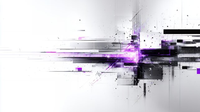Dynamic abstract glitch art with high-tech digital distortion, purple glowing energy center, and chaotic geometric black lines