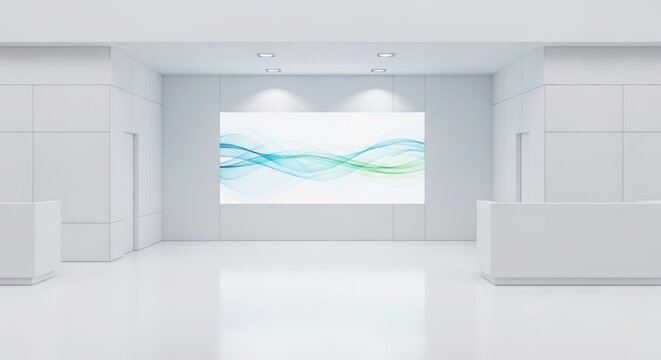 Modern minimalist white interior lobby with large digital screen displaying abstract blue and green wave pattern, featuring clean lines and bright lighting.