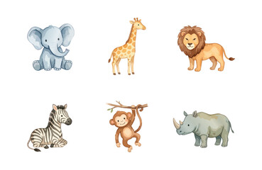 Obraz premium Watercolor zoo safari animal icons set isolated on white background