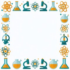 Fototapeta premium Colorful science icons create a border around a blank space, featuring atoms, flasks, and microscopes, suitable for educational materials or designs.