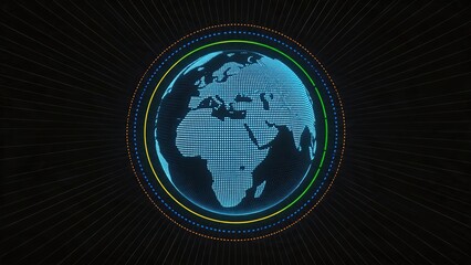 Fototapeta premium Digital globe representing global connectivity and worldwide network, futuristic earth visualization with dotted lines and colorful rings symbolizing international data flow.