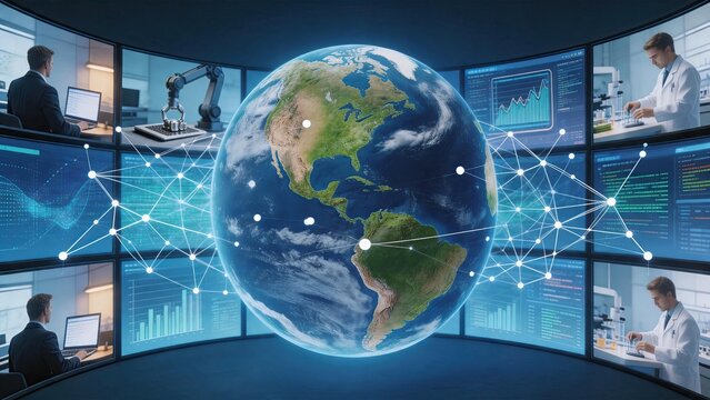 Global network connection concept with earth globe surrounded by multiple screens showing business data charts graphs science lab research industrial automation robotics