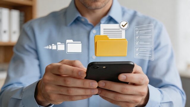 Man holding smartphone with folder icon, digital file management concept, mobile data storage and cloud computing technology, business document organization on screen, modern