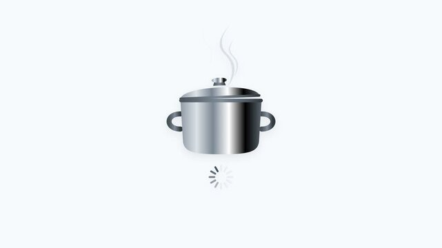 Boiling Pot Cooking Animation with Steam Clouds and Circular Loading Indicator Interface Icon on White Background