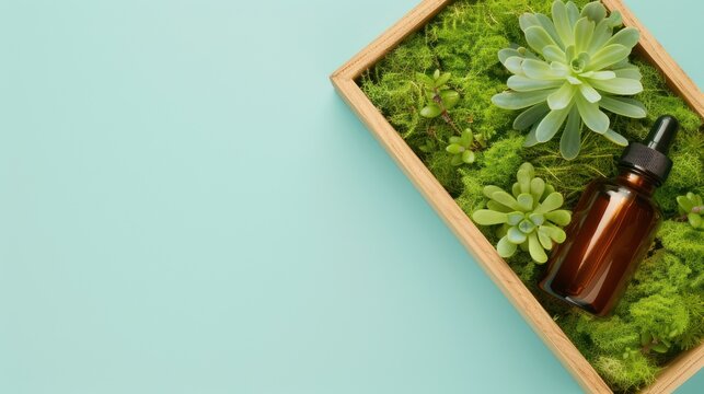 Natural Green Succulent Plants in Wooden Frame with Dropper Bottle on Moss Bed