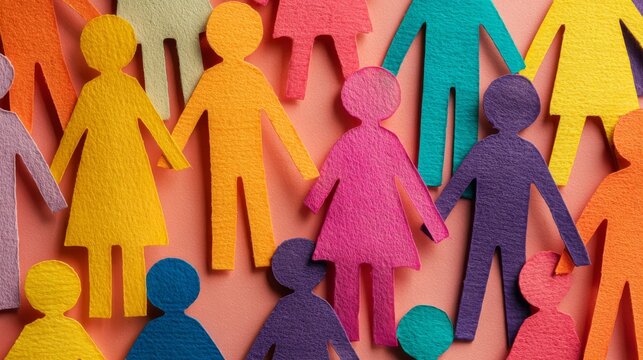 Colorful paper cut out figures representing a diverse multicultural workplace community with inclusive teamwork, global unity and collaboration concept, showing equality, belonging and friendly modern