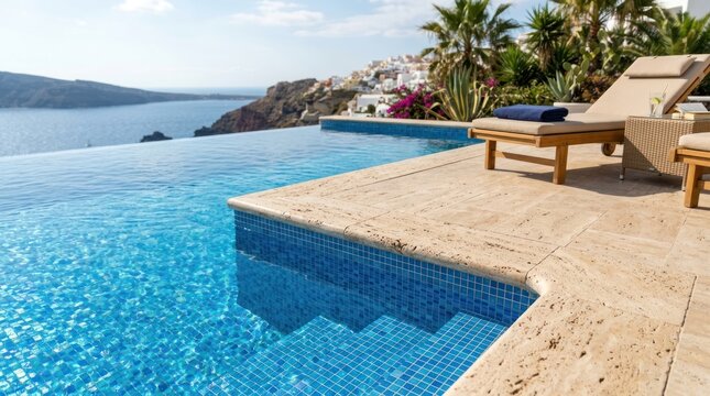 Luxury swimming pool corner with blue mosaic tiles travertine coping