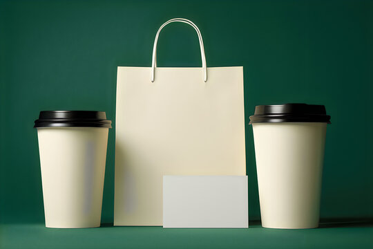 Premium cafe branding mockup with twin disposable coffee cups paper bag and card on dark green background