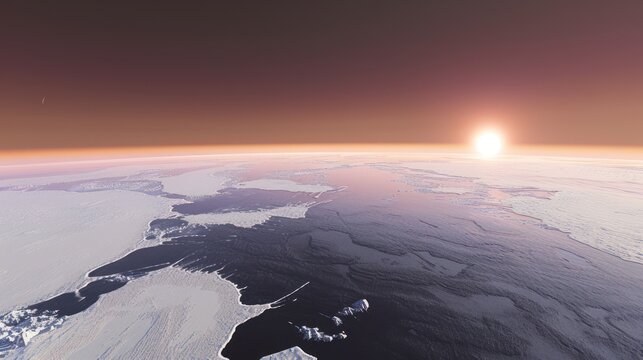 Sunrise Over Polar Ice Cap in Space with Earth View and Dark Sky