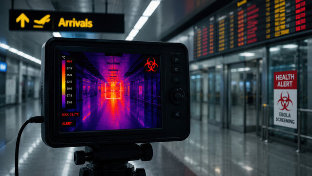 Ebola virus, global health security. Airport thermal camera fever scan health alert disease control virus screening arrival hall medical security