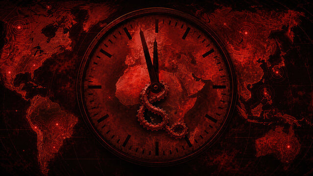 A large analog clock face with an Ebola virus particle where the clock hands pivot, overlaid on a world map background. The hands approaching midnight signal global health emergency urgency.