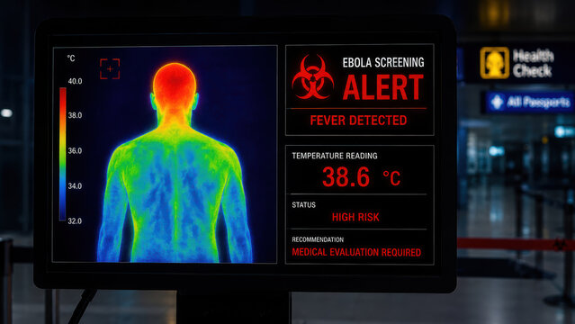 Ebola virus, global health security. Medical alert airport health check thermal scan fever ebola screening passenger terminal disease risk Medical