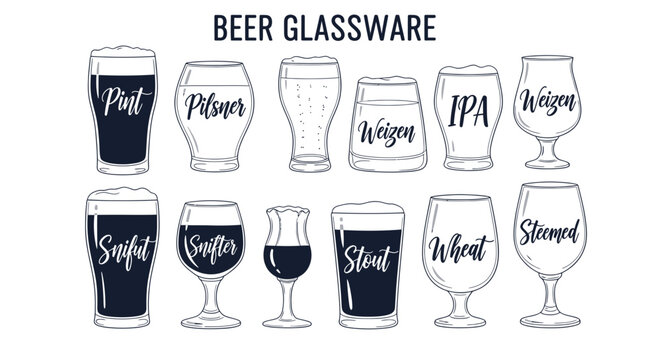 Variety of beer glasses collection.