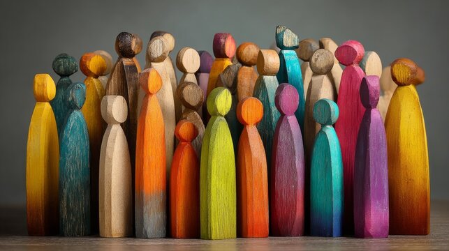 Colorful painted wooden human figures representing diversity, inclusion and unity, multicultural community concept with vibrant colors symbolizing equality, teamwork, social connection, acceptance and