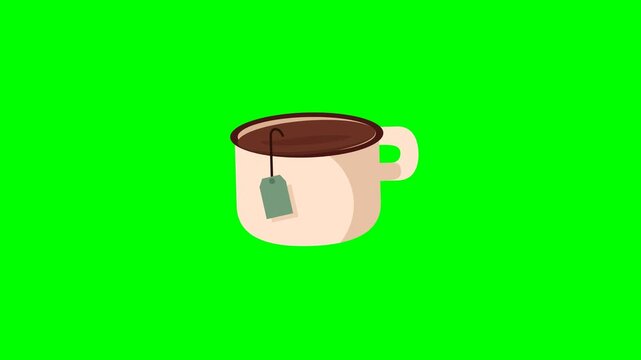Looping Tea Cup Animation with Swirling Liquid Motion and Tea Bag Label Swaying on Green Screen Background