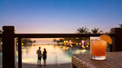 Obraz premium Refreshing beverage on balcony overlooking resort pool at sunset.