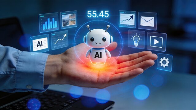 Futuristic AI robot assistant appearing as a glowing hologram in human hand surrounded by data icons and analytics charts