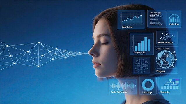 Profile of woman with artificial intelligence data analysis and neural network visualization, representing machine learning, voice recognition technology and future communication