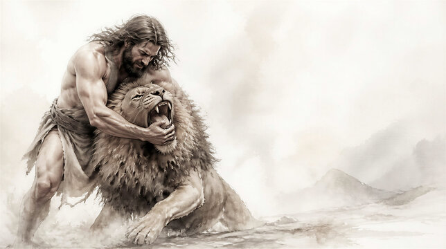 Samson fights a lion. Biblical scene concept religious theme. Artistic minimalist art with copy space.
