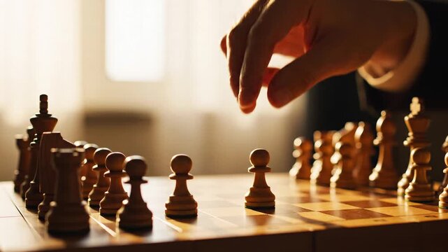 Close-up of a hand making a strategic move with a white pawn on a wooden chessboard, symbolizing leadership and logic in business strategy