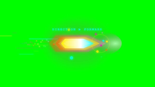 Neon arrow indicator flies across green screen with dynamic effects