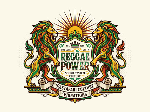 Reggae Power Heraldic Shield Logo with Lion of Judah, Rastafarian Colors, and Sunburst Design for Sound System Culture