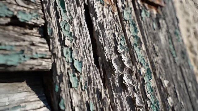 Closeup of weathered wooden door with peeling paint and rusty hinge.