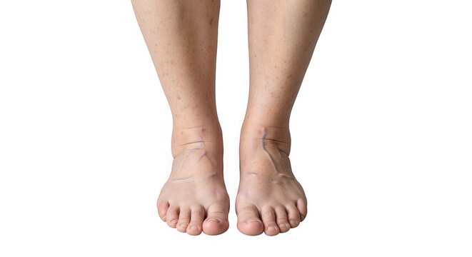 Close up of human feet showing skin rash and red spots on legs isolated on transparent background