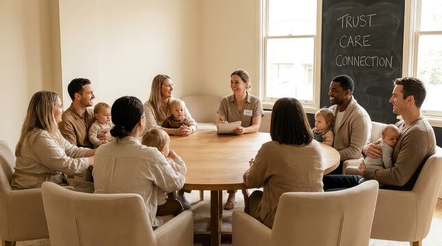 Group of young parents and babies sitting around round table for parenting support class.
