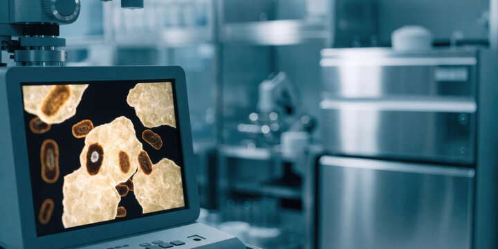 Medical technology microscope display showing bacterial cells in clinical laboratory image with clinical equipment visible