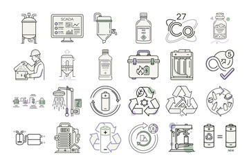 Fototapeta premium EV Battery Recycling Process Line Art Vector Illustration or Battery Recycling Workflow Icon Set Design