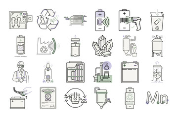 Fototapeta premium EV Battery Recycling Process Line Icons or Sustainable Energy Recycling Illustrations