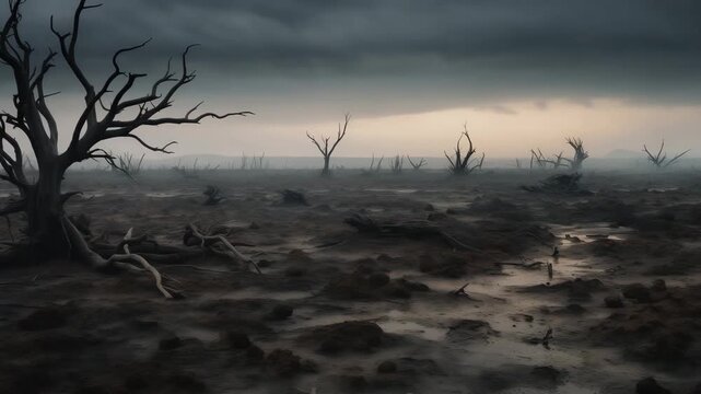 Dead big trees in a dry area the soil is cracked during storm. Drought dead trees on cracked earth, dark cloudy weather, fog. Woods under dramatic cloudy sky at drought desert landscape.