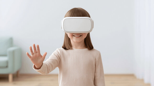 Young girl wearing VR headset smiling happily and reaching out her hand, experiencing virtual reality at home