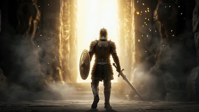 Complete Armor of God displayed in divine golden light, Christian faith and spiritual warfare concept, cinematic 4K loop