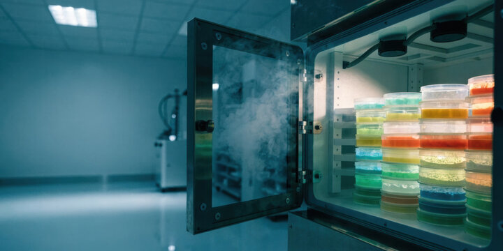 Medical technology laboratory incubator with stacked colorful petri dish cultures glowing under controlled conditions