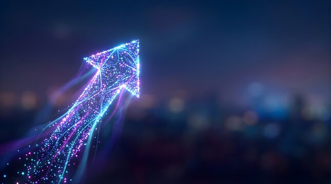 Glowing digital arrow rising upwards representing growth and future success