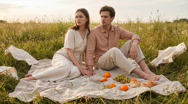 Disappointed Couple at Failed Summer Picnic