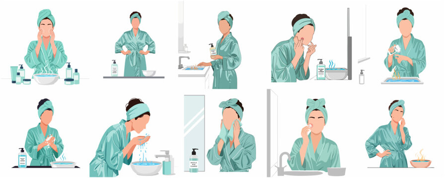Set of Skincare Routine Illustrations with Woman Washing Face and Applying Acne Treatment