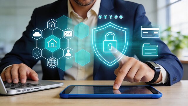 Man using tablet with cyber security shield protection icons, safeguarding personal data and privacy in the digital age of internet technology.